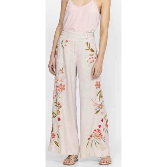 Johnny Was Pants - Johnny Was Joya Wide Leg Linen Pants Size XL  Embroidered Floral Bohemian